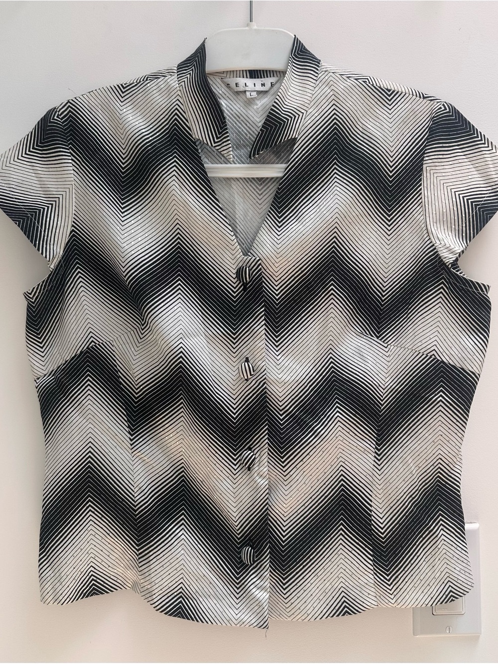 Celine Black & White Chevron Cap-Sleeve Blouse